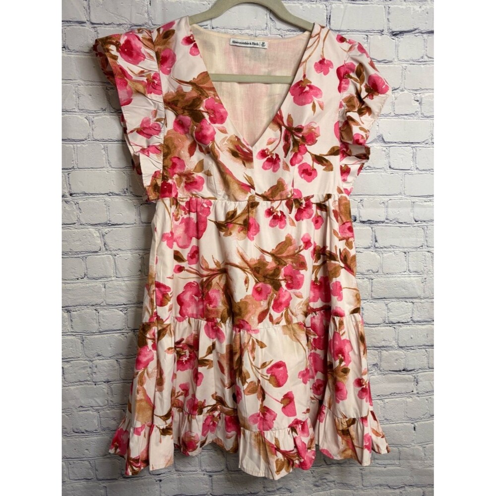 Abercrombie & Fitch Cream Pink Brown Flutter Sleeve Boho Floral Mini Dress S